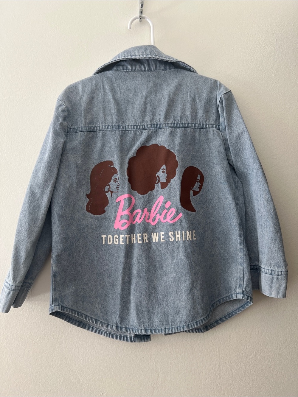 Barbie Light Wash Denim Jacket with Pink Logo and Brown Graphics